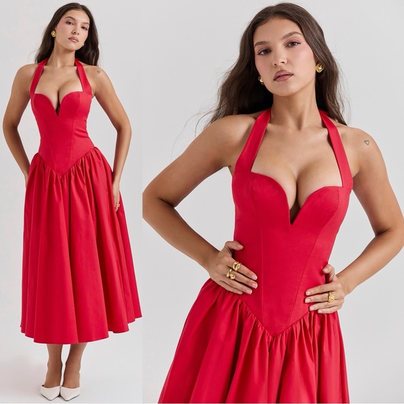 HOUSE OF CB “COQUETTE” SCARLET HALTER MIDI DRESS